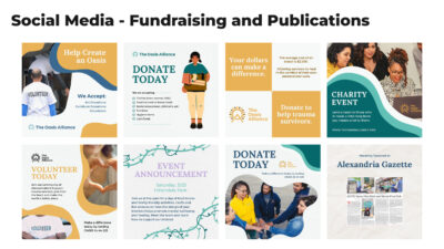 Social media content of donation, fundraising events and publication features.