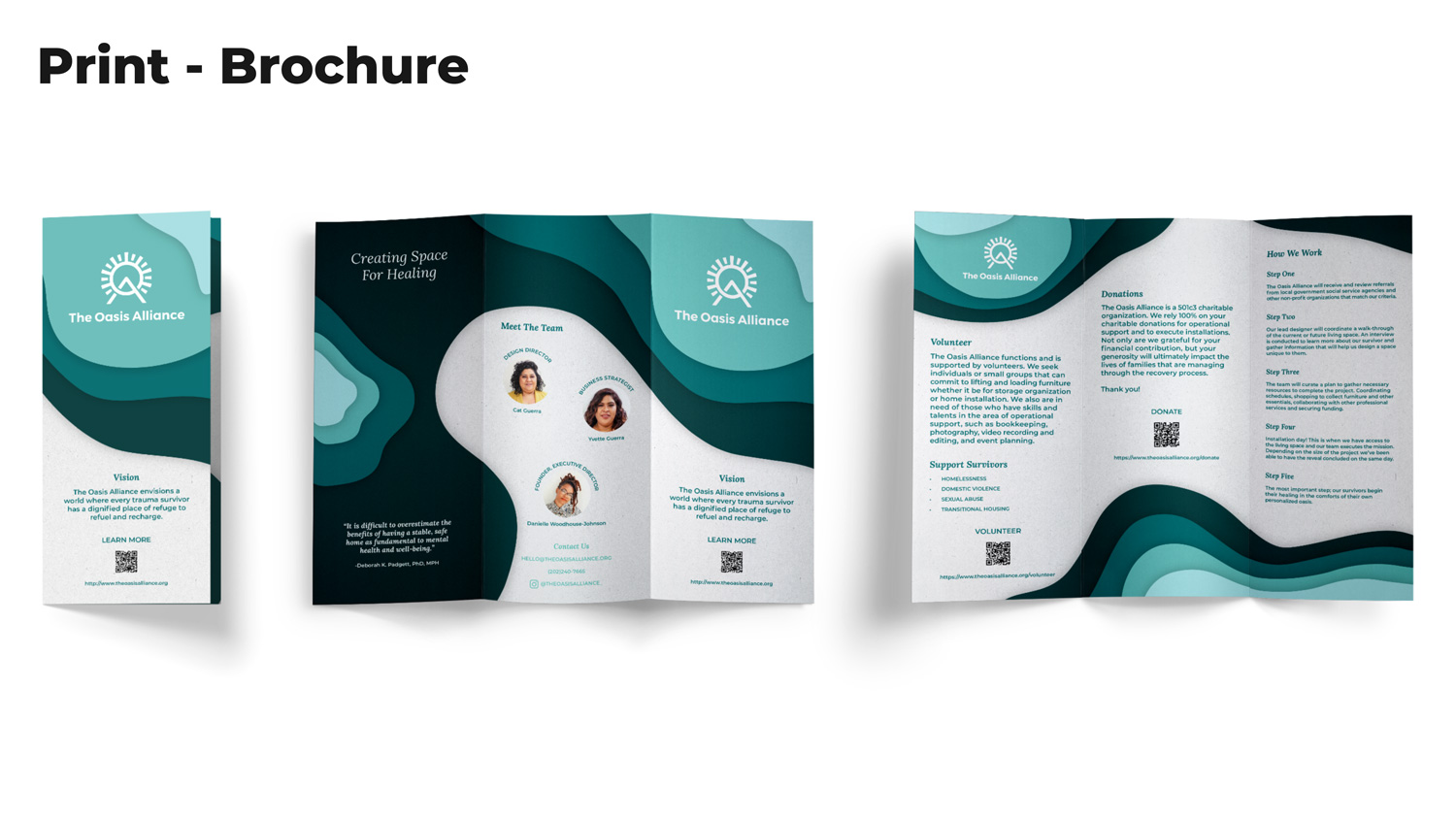 Printed tri-fold brochure 11 inches by 8.5 inches.