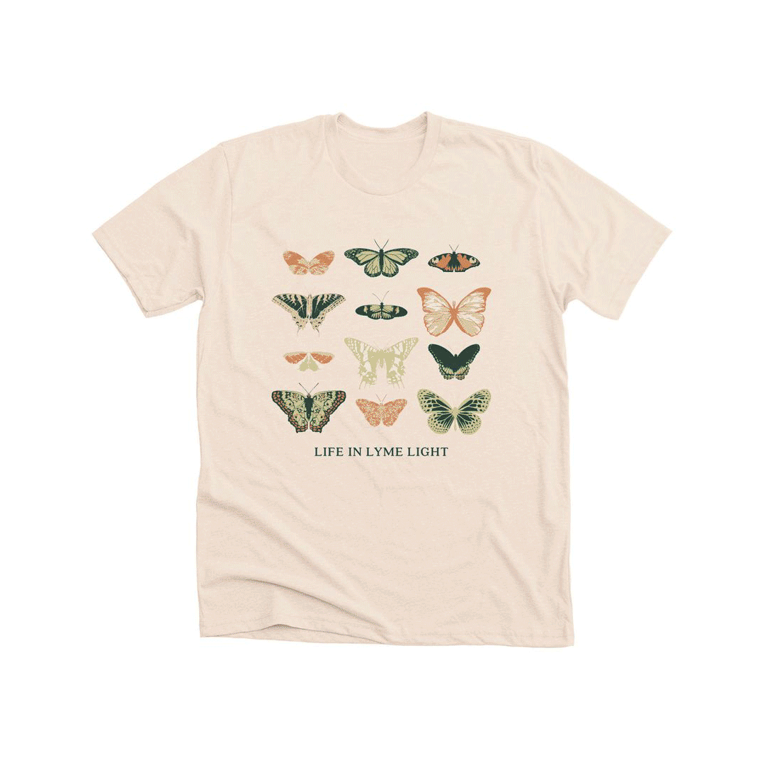 Flashing gif of various shirts with butterflies displayed on them.